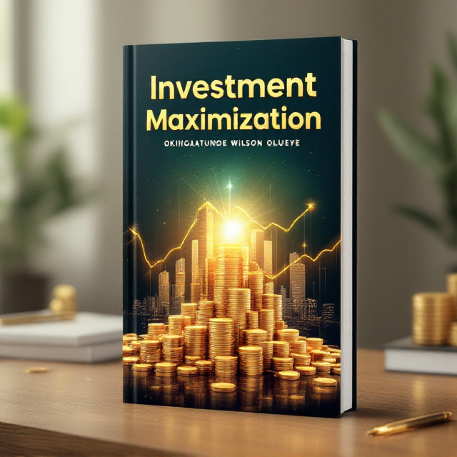 A majestic stack of gold coins dominates the lower half of the cover, rising upward to seamlessly blend into a financial chart with upward-trending lines in gold and green. In the background, subtle outlines of skyscrapers and luxurious properties are depicted in a golden hue, symbolizing financial success. A radiant glow emanates from the center of the cover, symbolizing wisdom and enlightenment.