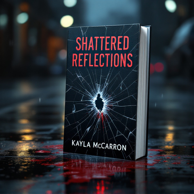 A cracked smartphone lying on a dark, rain-slick pavement. The phone screen is shattered, with smears of blood visible along the edges and some droplets scattered on the ground. The background is shadowy and slightly blurred, allowing the blood and device to take focus, while faint streetlights or reflections hint at a city setting. The title, "Shattered Reflections," appears in blood-red lettering at the top, with a cracked or fractured effect that mimics the shattered screen.