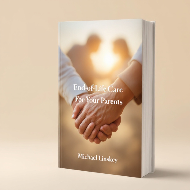 A serene composition featuring a close-up of an older hand gently clasped by a younger hand, positioned prominently in the foreground. Behind them, a softened family silhouette appears at a slight blur, encased in a delicate halo of warm, diffused golden light. The background transitions into a smooth gradient of beige and cream, creating a calming canvas.