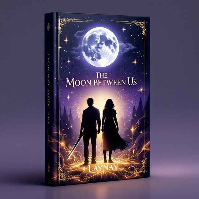 A mysterious silver moon sits suspended at the top-center of the cover with faint wisps of ethereal clouds swirling around it. Below the moon, two shadowy character silhouettes stand back-to-back, one holding a glowing sword while the other holds a ring of radiant, golden mystical runes; both figures are shackled by glowing, broken silver chains. Across the background are strokes of deep purple fading into midnight blue, speckled with stars and faintly glowing mystical symbols. A swirling mist in gold and silver encircles the bottom of the silhouettes.
