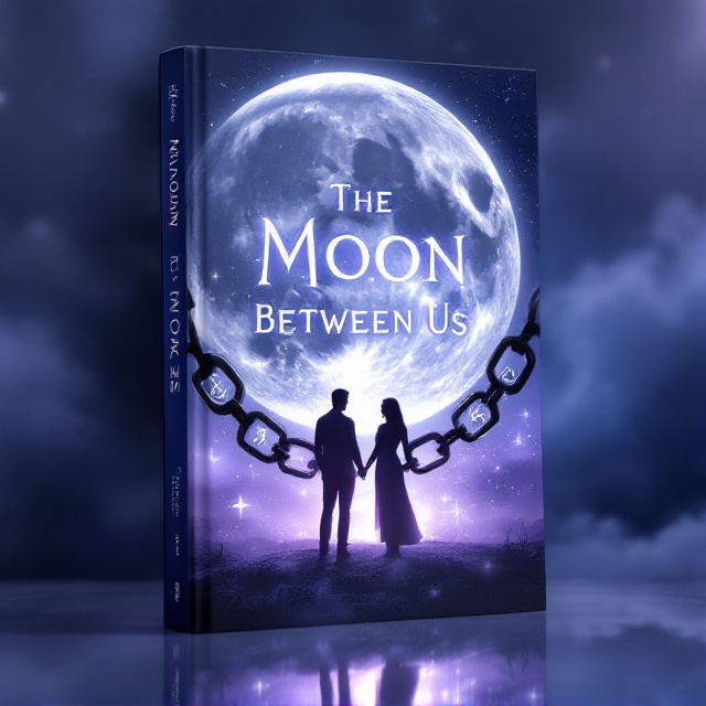 Two characters’ silhouettes stand in the foreground, slightly apart, but their hands are chained together with glowing, mystical runes etched into the links. The background features a massive glowing moon partially shrouded in ethereal mist. Around the characters, faint swirls of light and translucent magical symbols float, giving an otherworldly feel. The overall color palette incorporates deep purple and midnight blue, accented with silver and gold glow. Thin streaks of white light break through the background, symbolizing hope.