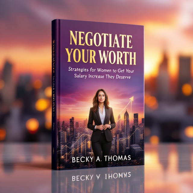 A central image of a confident woman in a tailored suit standing on a city skyline at sunset, symbolizing empowerment and high value. The background fades from a gradient rich purple to gold, indicating wealth, ambition, and success. Subtle patterns of upward arrows or graphs represent growth and negotiation.