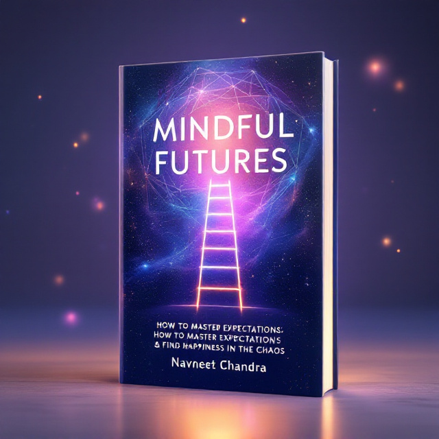 A swirling cosmic galaxy in vibrant hues of purple, blue, and gold form the background, symbolizing the vastness of human potential. Overlaid on the galaxy are faint but intricate geometric shapes representing mindfulness and balance. A prominent, glowing virtual ladder stretches upward from the bottom center, with each step subtly transitioning in color as it ascends, portraying growth and progress. Light emanates from behind the ladder, casting a peaceful, serene glow across the design.