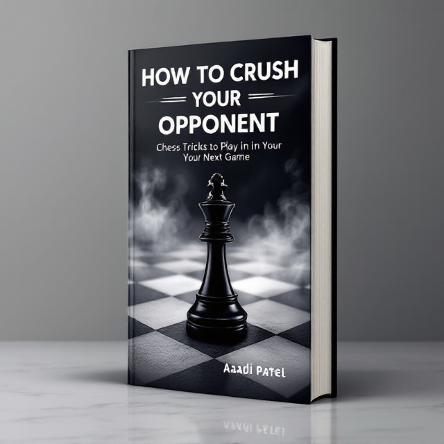 A chessboard takes up most of the cover with a dramatic black-and-white color scheme. The chessboard fades into a smoky, abstract background. A prominently placed black knight chess piece is at the center of the board, with its shadow projecting forward, symbolizing strategy and dominance. The title is displayed above the image, while the author’s name is below. Small glowing light effects outline specific parts of the chessboard, adding a strategic and mysterious feel.