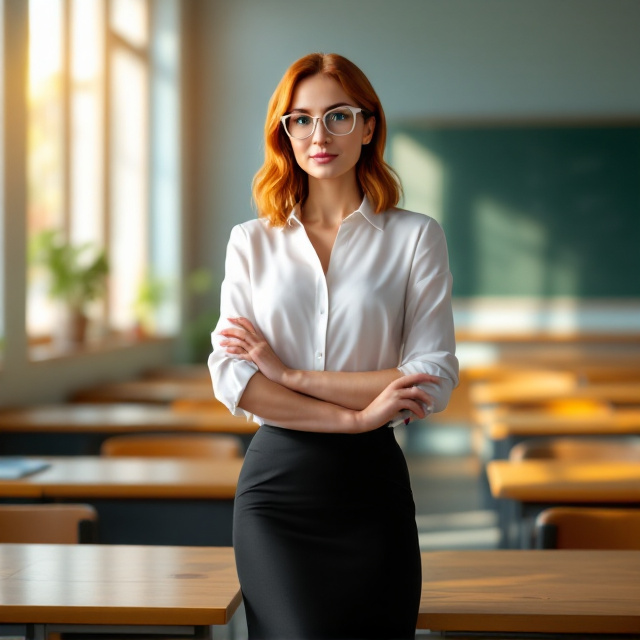 A mature and confident woman with russet, shoulder-length hair and captivating green eyes stands behind a teacher’s desk in the middle of a sunlit, empty classroom. She is wearing a polished white blouse and a sleek black pencil skirt with subtle side slits. Her rectangular white glasses accentuate her intellect and magnetism. The classroom features rows of wooden desks and chairs fading slightly into the softly blurred background. The main color tone is dominated by calming shades of blue with accents of natural wood grain and the warm afternoon light casting through windows on the left side of the frame.