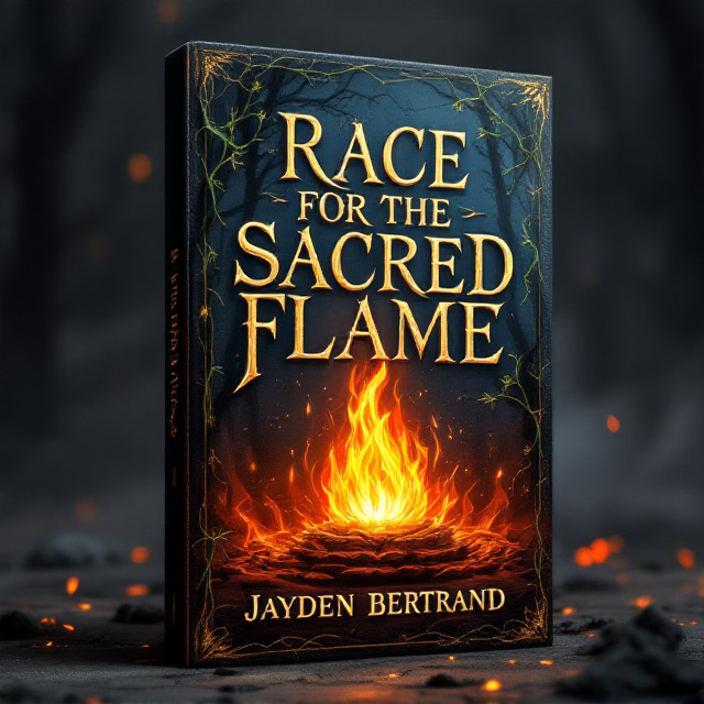 A glowing, ancient flame blazing in the center, engulfed in swirling red and orange hues to represent fire. Dark green vines twist and curl ominously around and through large, intricate title text, creating dramatic tension between nature and fire. The background is a mystical blend of shadows and faint silhouettes of trees with glowing embers drifting throughout, adding depth and mystery.