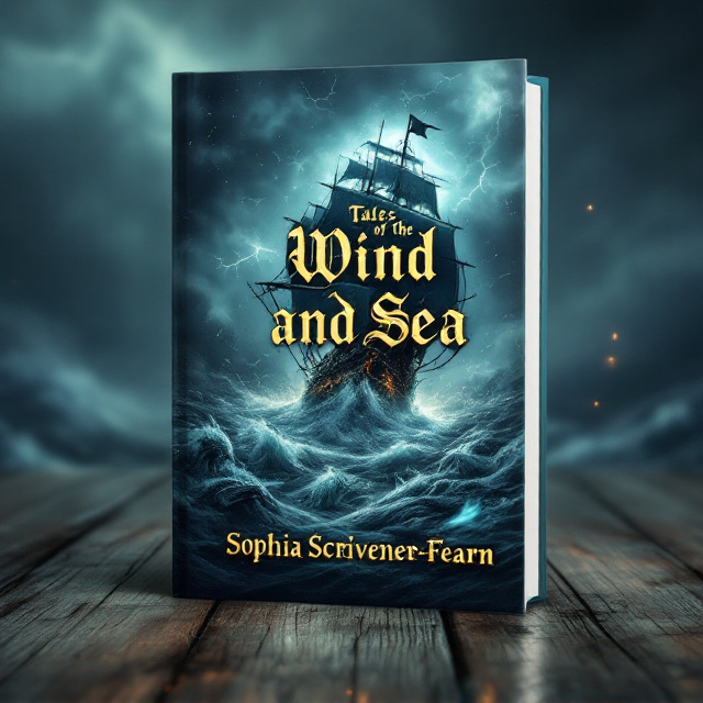 A dark, stormy sea beneath a brooding, thunder-filled sky. A massive, ghostly pirate ship with glowing sails emerges from the mist. Surrounding the ship are faint outlines of fantastical creatures—serpents, krakens, and winged sea spirits—amid swirling waves and glowing magical currents. The ominous, turbulent background is highlighted with eerie lighting that enhances the sense of fear and amazement.