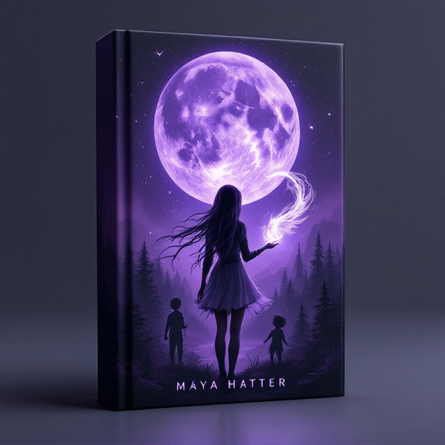 A dark purple and black night sky serves as the background, featuring a looming, cracked moon glowing faintly in soft lavender hues. Below the cracked moon lies a dense forest, its canopy fading into the shadows, permeated with a misty, mysterious air. In the central foreground stands the protagonist, a girl with a stunning black and purple waterfall braid spilling down her back. She wears a flowing black and purple long-sleeved shirt paired with a short white skirt that slightly flutters. On her right side, the silhouette of a girl shapeshifting is formed with a glowing, ethereal transition (e.g., human fading into wolf or eagle mid-transformation). On her left side, a boy channels airy, swirling gusts of wind around his hands as wispy streaks of air spiral outward, subtly glowing silver and lilac. A soft glow from the cracked moon highlights their figures.