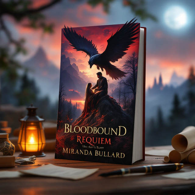 The cover features a twilight-dazed forest sprawling below, cast in hues of blood-red and violet skies. At the center, a massive shadow-winged beast, Eldritch, dominates the composition, soaring diagonally upward. Upon its back sits Finn, holding Amalya delicately yet protectively, her limp form draped in a charred ceremonial cloak with embers still flickering from its edges. Finn’s expression is anguished, his glowing hand trailing jagged streaks of magic light across the twilight. The distant spires of the Dawnspire pierce the horizon, jagged and ominous, framed by swirling shadowed clouds. Below, twisted, unnatural trees from the Emberwilds creep at the corners of the composition. A faint monstrous silhouette, indistinct and haunting, lingers at the bottom-middle—a subtle nod to the lurking Void Hunger.