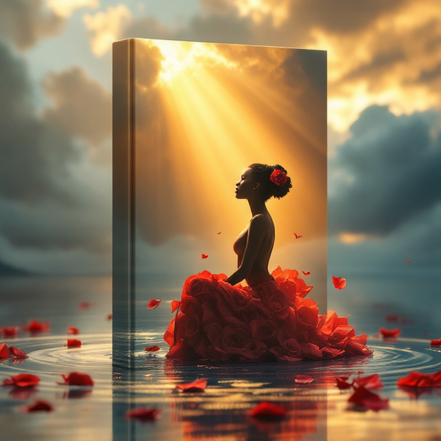 A stunning silhouette of a brown-skinned woman kneeling in profile dominates the cover. Her hair, featuring a luxurious velvety red rose tucked behind her ear, is perfectly illuminated by a radiant golden sunbeam cutting through dramatic stormy clouds in the background. The scene includes her ethereal rose-petal dress that appears to swirl and flow mid-transformation, with some petals detaching and floating gracefully around her. She kneels in a reflective pool of silvery-blue water with soft ripples spreading outward. The scene feels dynamic yet peaceful, with the glowing petals and natural light lending it depth and emotion.
