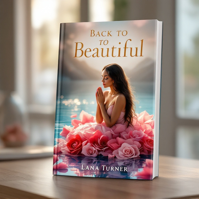 The cover displays a serene, prayer-like scene. A graceful woman with luminous caramel-brown skin kneels radiantly in a still silver-blue reflective water surface, her head bowed slightly in reverence, hands clasped at her chest. Her long black hair cascades down her back, glistening with golden highlights. She wears a flowing dress crafted from dynamic crimson and soft pink rose petals, some petals spiraling into the air or gently falling into the water, creating gorgeous concentric ripples. The storm clouds in the backdrop appear heavy but are split apart by a single, radiant golden beam of sunlight that caresses her figure, emphasizing the healing and transformation theme central to the story. A single rose, tucked delicately behind her ear, adds a touch of symmetry and grace.