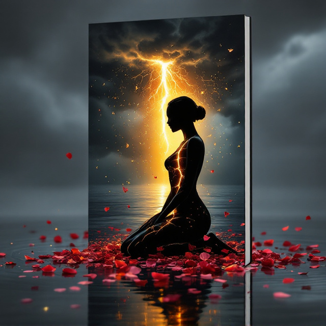 A black silhouette of a kneeling woman with jagged, glowing golden cracks running through her form. The fractures are most prominent across her chest, face, and torso, radiating an intense golden light against her stark, pure black outline. Surrounding the woman, deep red and pink rose petals swirl in a mesmerizing, flow-like motion, forming the soft drape of a dress around her figure while some petals scatter and dissolve into the air. She kneels on a reflective, mirror-like silvery-blue water surface, where scattered rose petals create soft ripples. Above her, dark storm clouds part, revealing a bold shaft of golden light pouring down on her, aligning with her silhouette and the glowing cracks. The overall atmosphere is rich with emotion, balance, and symbolism.