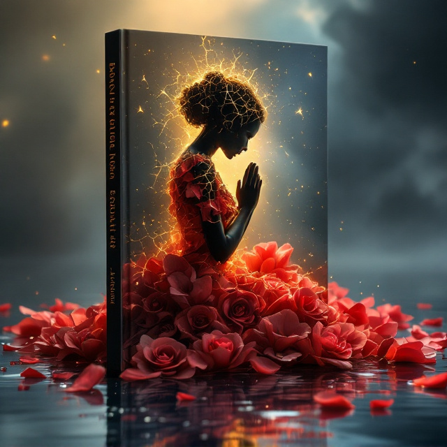 A black silhouette of a kneeling woman in deep prayer, her bowed head and clasped hands glowing from jagged, golden cracks resembling shattered glass. The cracks are most visible across her hands, chest, and face. Surrounding her silhouette are vivid, flowing rose petals in shades of deep red and pink that form a dress-like structure around her, with petals swirling dynamically to sustain her form. Some petals lift into the air, creating both motion and harmony. Her petal-formed hair blends into the dress flow. She kneels on a mirror-like, reflective surface of silvery-blue water, creating ripples as rose petals scatter gently on its surface. Above her, storm clouds begin to part, revealing a radiant shaft of golden light cascading down to her form, emphasizing her glowing fractures and highlighting the cascading petals.