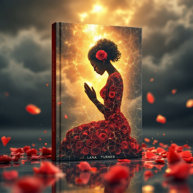 A visually striking rendition featuring the kneeling silhouette of a Black woman with African features, her head bowed and hands clasped in prayer. Her figure is fractured with jagged golden-glowing cracks as though she is shaped from shattered glass. Her textured hair flows mid-back, seamlessly transitioning into a gown formed of swirling crimson rose petals. A single, vivid crimson rose sits tucked in her hair. Around her, petals float softly into the air, breaking their form into fragments. She kneels on a vast expanse of mirror-like water, with scattered crimson roses creating ripples. Above, stormy gray clouds part to reveal a dramatic shaft of golden light that highlights her cracks, petals, and her powerful silhouette.