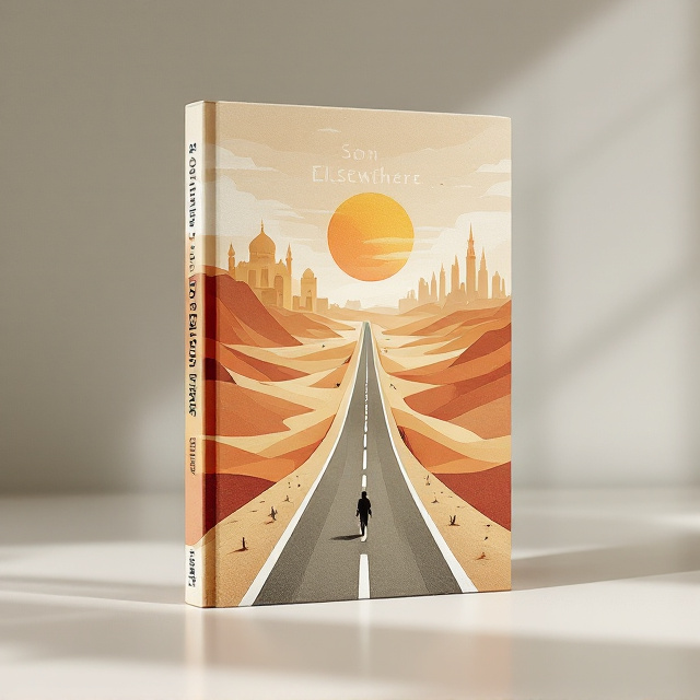 A mosaic-like illustration of a highway stretching endlessly across desert dunes, with small elements depicting both Sudanese cultural motifs interwoven across the sand. Above the dunes, a skyline that subtly blends elements of both Sudan and Western cities (e.g., mosques blending into modern skyscrapers). In the foreground, a silhouette of a person walking on the highway, fading into the horizon. The hues transition smoothly from warm earthy tones (ochre, sandy beige) to cooler tones (urban gray, sunset coral).