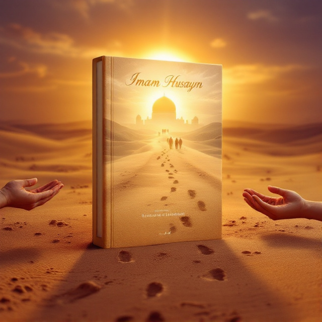 A stunning visual of a long, sunlit desert road with silhouettes of people walking in unity. In the distance, the golden dome of Imam Husayn’s shrine gleams softly under a glowing horizon. To the left and right of the path, hands offering water, food, and aid emerge in the foreground, symbolizing hospitality. A sense of movement is created by scattered footsteps imprinted on the dusty road, fading into the distance. The sky transitions from warm golden hues near the forefront shrine to somber, deeper purples above, symbolizing grief transitioning to hope.