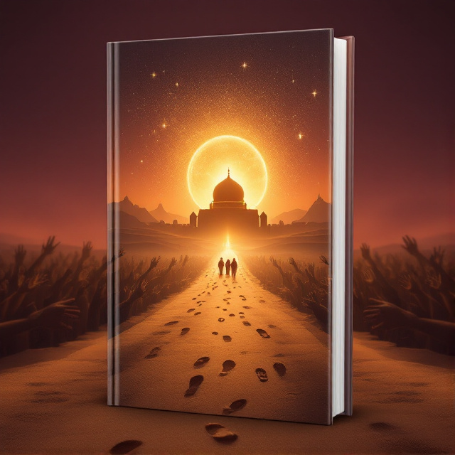 The book cover showcases an illustration of a golden, glowing dome of Imam Husayn’s shrine situated on the horizon, radiating warmth and light as the focal point. A dusty road extends from the foreground to the shrine, creating a sense of depth. Scattered footprints are imprinted across the road, subtly conveying movement and devotion. Figures—silhouettes of people in unity—walk together towards the shrine. Surrounding the path, hands reach out from the foreground, offering water, food, and aid, symbolizing sacrifice and hospitality. The sky transitions from golden hues near the shrine to deep purples, signifying a transition from mourning to hope. The overall color palette evokes both grief and love through warm and somber tones.