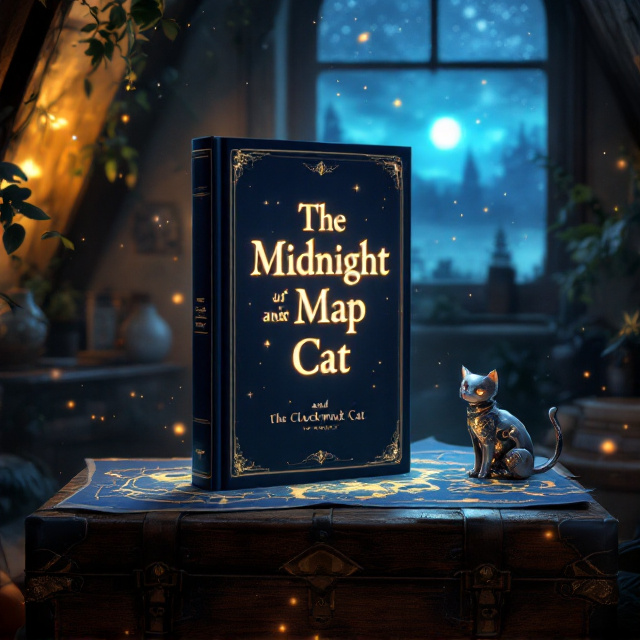 A magical, moonlit scene featuring a quaint, slightly aged attic. The glowing map lies unrolled on an old wooden trunk, its luminous ink softly lighting up the dim room. To the side sits a silver, intricately designed clockwork cat with its gears faintly visible, gleaming faintly under the soft glow of the map. The attic window in the background shows a starry sky with faint outlines of a mysterious, faraway land hinted at in the horizon. Dust particles float in the air, adding an ethereal and timeless quality.