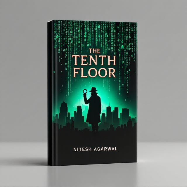 A silhouette of the Melbourne skyline is vividly illustrated at the bottom third of the cover, with sharp, shadowy details to enhance the mystery. Above the skyline, a cascade of green, glowing binary numbers (1s and 0s) seemingly rains down, fading into a pitch-black background. At the center of this intriguing backdrop, a faint spotlight effect subtly highlights the detective figure—a silhouette with a trench coat and hat holding a magnifying glass. A small trail of blood drops starts from the top right corner and trickles faintly to the bottom, adding a sense of menace and danger.