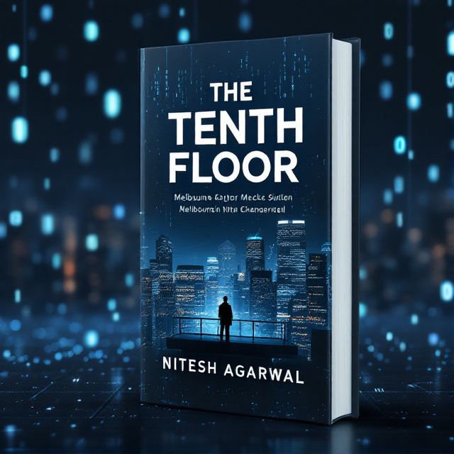 A dark and moody Melbourne skyline is depicted in the forefront, with skyscrapers sharply illuminated against a dimly lit sky. Surrounding the skyline, strings of glowing greenery binary code (1s and 0s) hover in the air, fading in and out of visibility to create an ethereal, data-encoded atmosphere. The cover has an overlay of subtle blue and black tones, giving it a high-tech, suspenseful feel. A lone silhouette of a detective stands on the tenth floor balcony of a building within the skyline, gazing outwards.