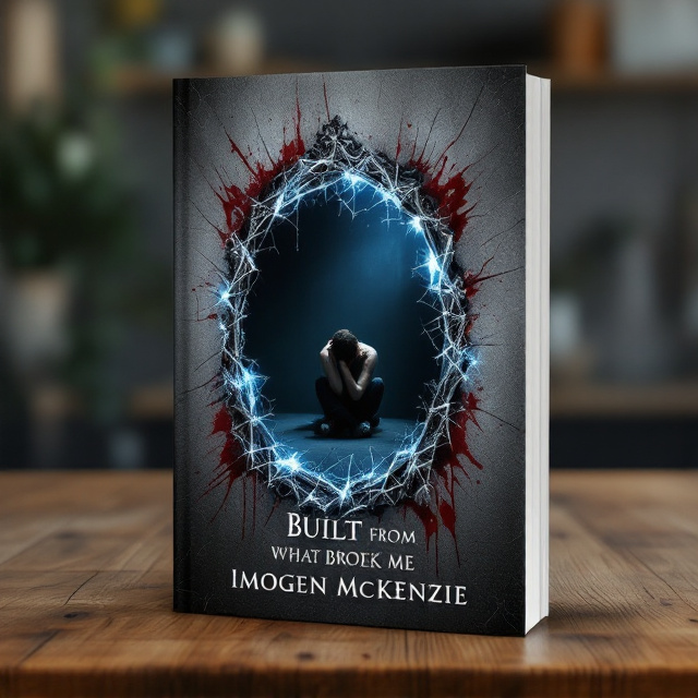 The cover features a cracked, shattered mirror prominently in the center, symbolizing brokenness. Behind the mirror is a blurred figure of a person sitting on the floor, head in hands, evoking emptiness and struggle. The background is textured with a gradient that starts as deep grey at the top and fades into black at the bottom. In the upper middle section, splashes of dark red subtly resemble streaks of anger and emotion, setting the tone. A faint, haunting glow in dark blue surrounds the edges of the mirror for contrast.