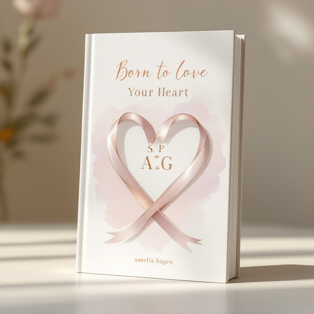Two soft, pastel-colored ribbons intertwine gracefully at the center of the cover, forming the shape of a heart against a creamy, subtly textured background. Inside the heart, the initials "S.P + A.G" are elegantly positioned in metallic foil, standing out gently against the ribbons. In the backdrop, there are faint, overlapping watercolor splashes in shades of blush pink and lavender, adding a romantic and dreamy vibe.