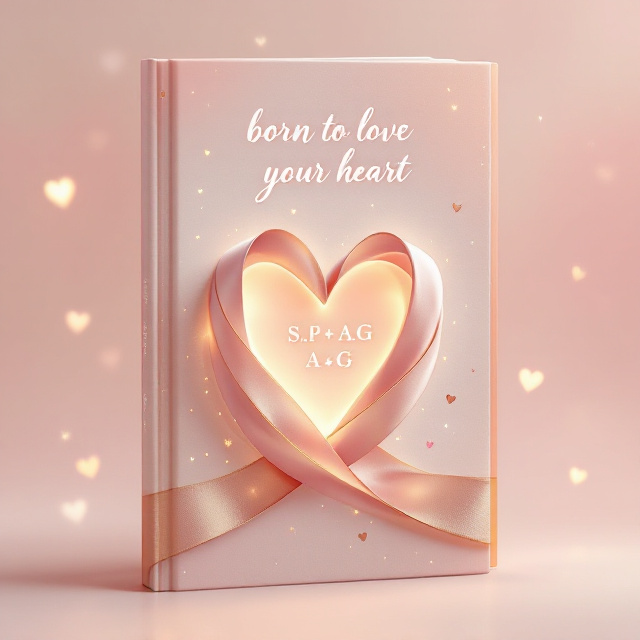 Two satin ribbons, one soft pink and the other a gentle gold, intertwine into the shape of a heart at the center of the cover. Within the heart, the initials "S.P + A.G" are delicately scripted in white, glowing slightly. The background features a dreamy, pastel-hued gradient transitioning from light blush pink to ivory, with a subtle bokeh effect to enhance the romantic tone. Tiny scattered hearts and sparkles trail around the ribbon heart, adding a whimsical and cute touch.
