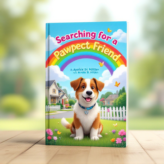 A whimsical, cartoon-style scene featuring Milo, a scruffy Australian shepherd with floppy ears and a wagging tail, at the center. Milo stands proudly on a green, grassy lawn in front of a cozy suburban home with a white picket fence and blooming flowers. The sky is bright blue with fluffy white clouds, and a colorful rainbow arcs in the background. A couple of playful butterflies float around Milo, enhancing the joyful atmosphere. The title wraps across the top in a fun, bold, and joyful font with a slight bounce effect, and the author’s name is placed at the bottom in a child-friendly cursive font style.