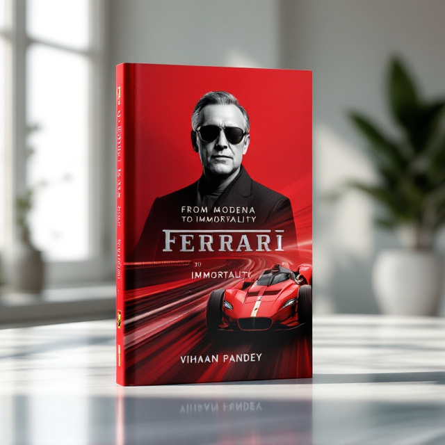 A bold red background dominates the cover, symbolizing Ferrari's iconic brand. A centered, black-and-white iconic portrait of Enzo Ferrari with his characteristic sunglasses takes the upper half of the cover. Below the portrait, an angled Ferrari car (vintage or modern, sleek in design) speeds from the left corner towards the bottom right, creating a sense of motion and passion. The Ferrari logo subtly overlays in a faded manner on the background, providing brand recognition without overwhelming the design.