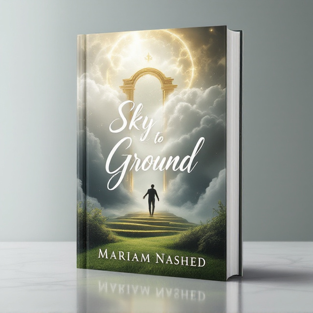 The top of the cover features a dramatic image of ethereal clouds shrouding the shimmering, partially obscured golden gates of Heaven. The clouds spill downward, creating a seamless gradient transition into the darker, stormy middle section of the cover where a shadowy, faceless male figure is central, depicted mid-fall in a dynamic pose, as if tumbling out of Heaven. The bottom of the cover depicts vivid, lush green grass, starkly contrasting the fantastical upper portions. The overall color palette blends golden and white in the top half while transitioning into black and green toward the bottom.