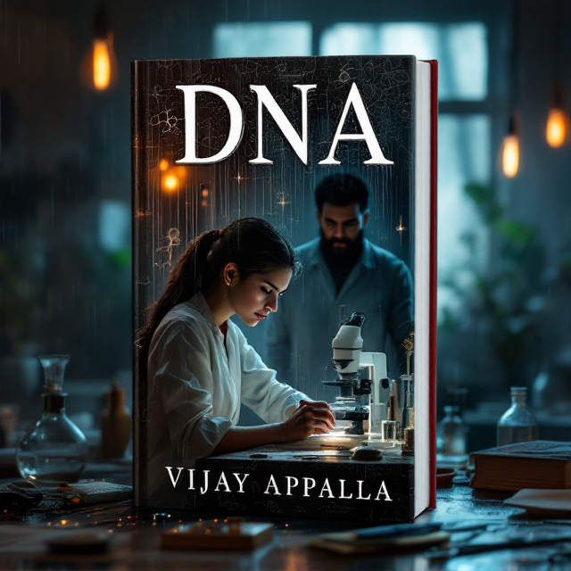 A gloomy 1980s rural Indian backdrop featuring a small, rustic home laboratory illuminated by the dim glow of old-fashioned lightbulbs. Through a foggy window, rain streaks down, casting a somber mood. Inside the lab, a woman in her 30s wearing a traditional Indian saree with a white lab coat works intently over a microscope and a table cluttered with scientific instruments and DNA diagrams. Behind her, slightly blurred, stands a tall man with a dark beard and an ambiguous expression. His face is partially obscured by shadows, hinting at mystery and betrayal.