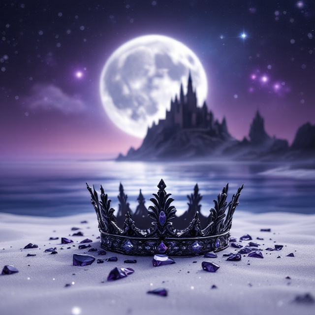 The cover showcases a broken black crown centered in the foreground, scattered across bone-white sand, its dark jewels reflecting faint starlight. Behind it, a vast expanse of purple ocean radiates an ethereal glow, scattered with mermaids breaking the surface—each tail glinting like shattered rainbows. The silver moon looms large over the ocean, casting a ghostly glow over the water. In the background, a jagged, menacing vampire castle perched on the cliffs rises into the star-speckled galaxy-streaked sky. Floating islands drift on the right-hand side, with one visibly disintegrating into shimmering space dust. The whole scene exudes a magical, haunting look with sharp contrasts of light and shadow.