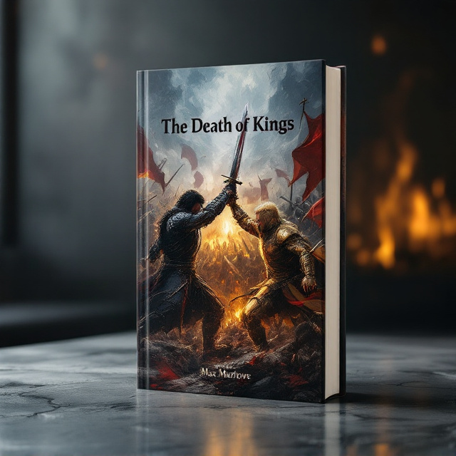 A dynamic, action-packed illustration captures the scene of the two warriors at the center of the cover. The dark-haired warrior in black armor lunges forward with his bloodied sword raised high, his face twisted in intense anger. Opposing him is the blonde warrior, his golden armor catching the light as he blocks with his equally bloodied blade. The background depicts chaotic medieval armies locked in fierce combat, with flying banners and clashing weapons adding motion and tension. The overall color palette is dark and moody, dominated by blacks, deep reds, golds, and subtle highlights of steel gray, evoking a visceral sense of war and rage.