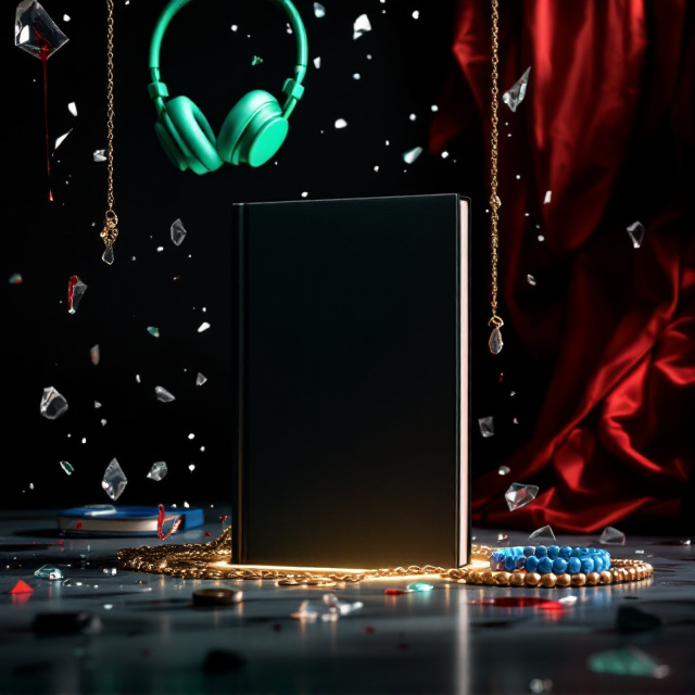 A chaotic yet cohesive clutter of items suspended in mid-air against a pitch-black background. Shattered glass fragments are scattered throughout, catching faint light reflections. Green headphones hang diagonally from the top-left corner, with blood splatters streaking across the frame. A gold chain lies twisted near the center, and a blue bracelet is tangled beside it. A red jacket sleeve appears partially in the scene on the right, marked with fingerprints. A single black ring and a bead necklace rest ominously at the bottom, with a hint of earrings glinting in the shadows. A faint mist hovers in the background to add mysterious depth.