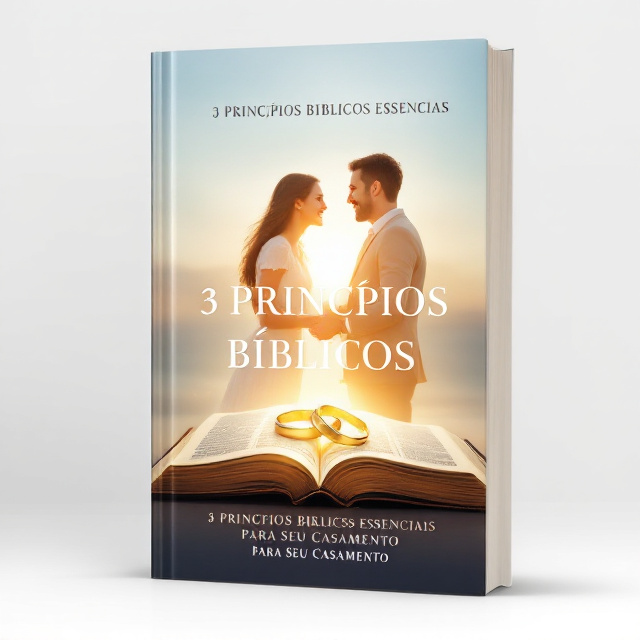 A radiant Bible lies open at the center of the cover, emanating a warm, golden light that softly spreads outward. Resting gently on the Bible are two golden wedding rings, symbolizing unity and commitment. Behind the glowing Bible, a semi-transparent image of a happy couple is shown standing together, holding hands and smiling warmly, their silhouettes surrounded by a subtle, ethereal glow that communicates love, peace, and spirituality. The background transitions into soft tones of pastel blue and white, resembling the sky.