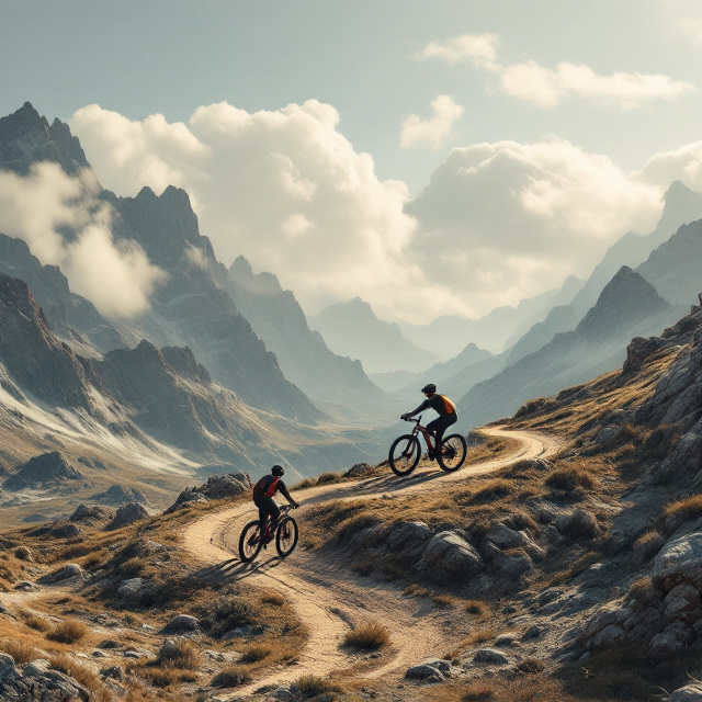 A rugged mountain landscape in the background, emphasizing a challenging terrain. In the foreground, two silhouetted figures riding bikes on a winding trail, one slightly ahead of the other to symbolize companionship and progress. Subtle tire tracks on the ground and clouds in the sky to create a sense of movement and endurance. The color palette features earthy tones like browns, grays, and greens, with pops of brighter colors, such as red or yellow, on the bikes for contrast.