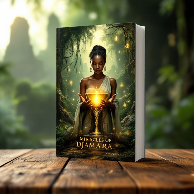 The cover showcases a dense and misty jungle setting in the background, with towering ancient ruins partly covered in creeping vines and moss. In the center of the cover, an African woman in traditional, flowing attire is shown standing with an ornate chalice raised slightly in her hands. The chalice glows softly with a golden, otherworldly aura, and the intertwined hands forming its stem are detailed with dramatic intricacy. Surrounding the woman are faint, floating glyphs that shimmer, giving the illusion of subtle motion. The color palette features deep emerald greens, golds, and muted browns with sharp contrasts highlighting the glowing relic.