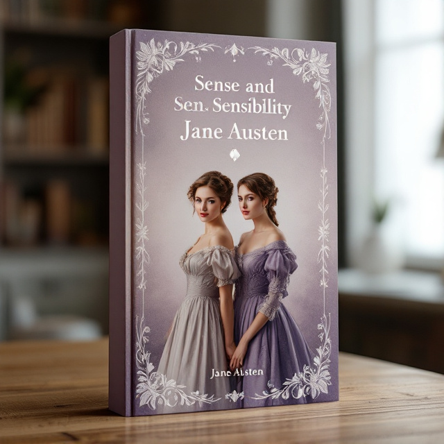 Two women dressed in Regency era gowns are positioned prominently in the center of the cover, representing Elinor and Marianne. Elinor has a composed, rational expression while Marianne wears a more passionate, emotional demeanor. In the background is a soft, washed purple gradient, fading into a faint design of a poker table with subtle playing cards scattered on the edges to hint at their contrasting personalities. Delicate floral patterns in a muted silver encircle the edges of the cover, bringing a touch of elegance and femininity.