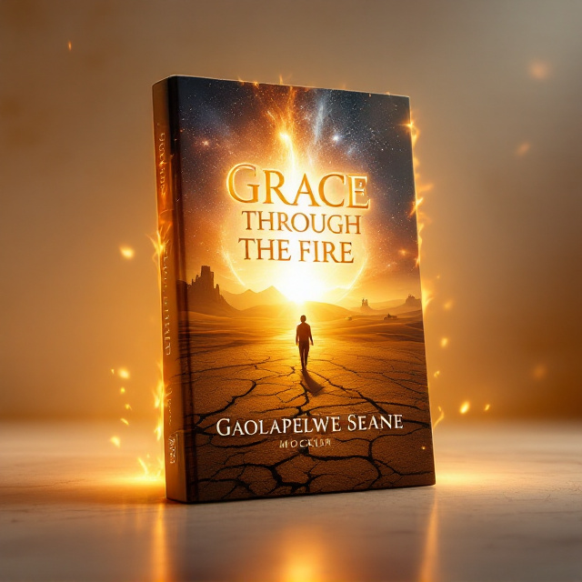 The cover features a lone figure walking along a cracked, barren golden desert that transitions into a vast, illuminated galaxy in the sky. Flames gently encircle the edge of the cover, giving way to soft white light emerging at the top, symbolizing freedom and hope. In the background, faint silhouettes of mechanical structures evoke a science-fiction tone.