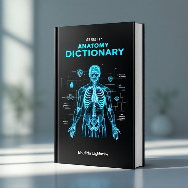 The book cover features a clean and modern look, with a black background dominating the majority of the space. At the center, an outlined digital-style illustration of the human body showing anatomical structures in blue, faintly overlaid with minimalistic diagrams of the heart, brain, and bones in white. The featured languages (English, French, Arabic) are subtly integrated near the anatomy illustration to represent the multilingual aspect while maintaining a professional tone.