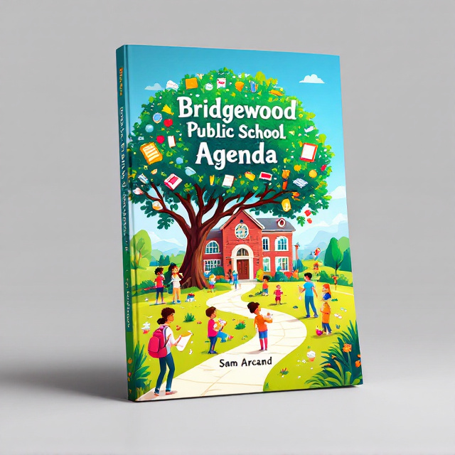 A vibrant and colorful illustration of a cheerful school campus is featured as the background, complete with a winding pathway leading to a charming brick building with an arched entrance. Along the pathway, children of diverse backgrounds, depicted in an animated and playful art style, are engaged in various activities, such as reading, planting, and sharing stories. Above the image, a large tree spreads its branches, with knowledge-related icons like books, pencils, and globes seamlessly integrated into its leaves. The sky above is clear and sunny, symbolizing optimism and growth. The bottom portion of the cover includes a section for a clean, playful banner with text.