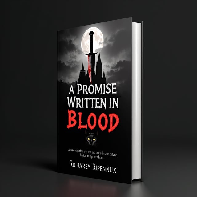 A black-dominant color palette with a haunting glow of deep crimson and muted silver. The primary focus is a silhouette of a sharp knife tipped with gleaming blood in the foreground. Behind the knife, a tall, gothic-style tower rises, its grandeur ominously shrouded in mist, with faint, pale moonlight highlighting its edges. At the bottom corner, emerging from the shadows, a piercing-eyed black cat peers out, exuding an air of subtle menace and mystery. The background fades into a swirling stormy sky of ash-gray and black tones, amplifying the mood of tension, sorrow, and grief.