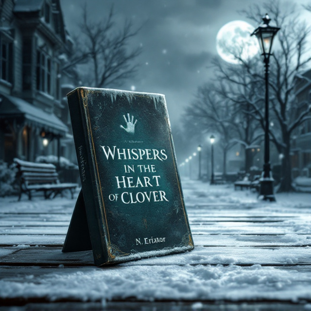 A hauntingly quiet winter town is depicted under the cover of soft, falling snow. The foreground showcases an empty snow-covered main street leading toward a shadowy woods in the distance. The town is illuminated by the pale, icy light of a full moon partially hidden behind thin clouds. Faint silhouettes of empty windows and an abandoned park bench evoke a sense of unease. Icicles hang ominously from old lamp posts. The background fades into faint, icy blue tones, while a spectral handprint appears faintly on the snowy foreground in the corner, symbolizing an unseen presence.