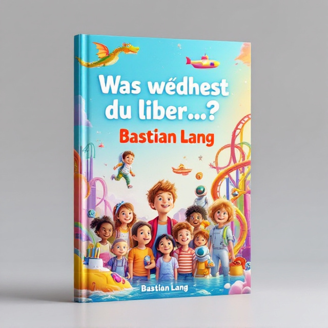 The cover features a vibrant and lively scene where a diverse group of smiling and thoughtful children are depicted interacting with fantastical elements. A dragon playfully loops through the sky, a boy is shown running across shimmering water, an astronaut gently floats above on the left, and a colorful flying carpet soars through the top edge. A submarine playfully surfaces on the bottom edge, while a futuristic robot stands smiling beside a segment of a roller coaster that winds across the background. The central focus is on the children who appear amazed and curious, immersing themselves in this whimsical world. The backdrop transitions from soft pastel hues at the bottom to vibrant gradient skies toward the top, creating a magical atmosphere that exudes excitement.