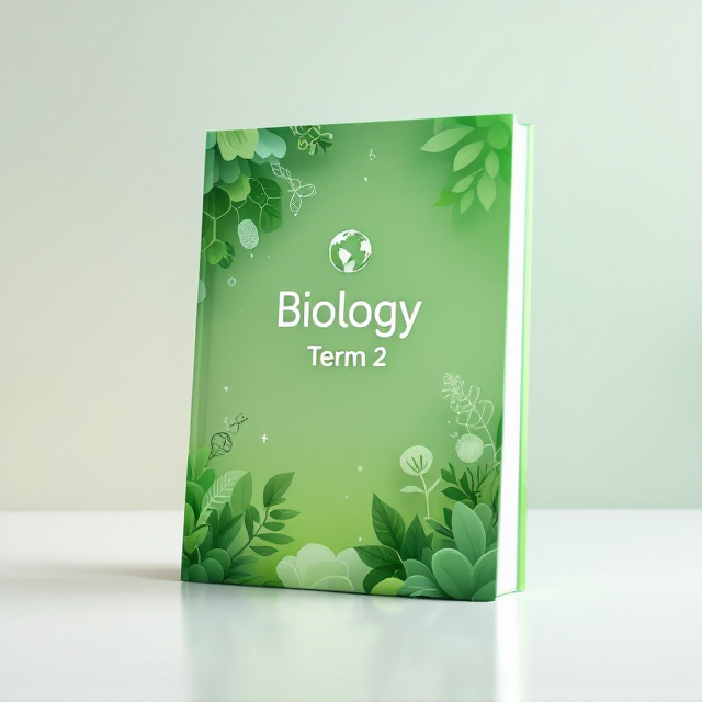 A vibrant green background fades gently from a light green top to a darker green bottom, evoking harmony and growth. Stylized scientific illustrations of cells, leaves, and DNA helixes are layered subtly in semi-transparent shades of green and white, creating texture and thematic focus. A circular emblem resembling the Earth sits softly in the center-top to emphasize global life and natural sciences.
