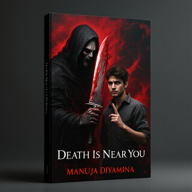 The cover showcases a split scene. On the left, a dark, ominous figure looms in heavy, ragged black garments, face filled with rage and hatred, clutching a massive, bloodstained knife. The red and black lighting around him creates an intimidating glow, making the figure the very embodiment of death and fear. On the right, the mood shifts to an absurd, contrasting humor. A young man, wearing a casual shirt, gives a silent "shush" gesture with his finger on his lips, while a young woman with a sly, playful smirk points her finger like a gun to the side of his head. The background blurs the line between these two extremes, with swirling dark shadows colliding with faint red wisps, connecting the two scenes.