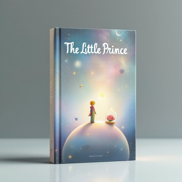 A whimsical illustration of a small boy (the little prince) standing on a tiny planet surrounded by stars and swirling galaxies. The prince is wearing a flowing scarf, and behind him, the sun is breaking through a soft gradient of dreamy pastel shades like pink, blue, and gold. At the bottom corner, there’s a single delicate rose in a glass dome to evoke tenderness.