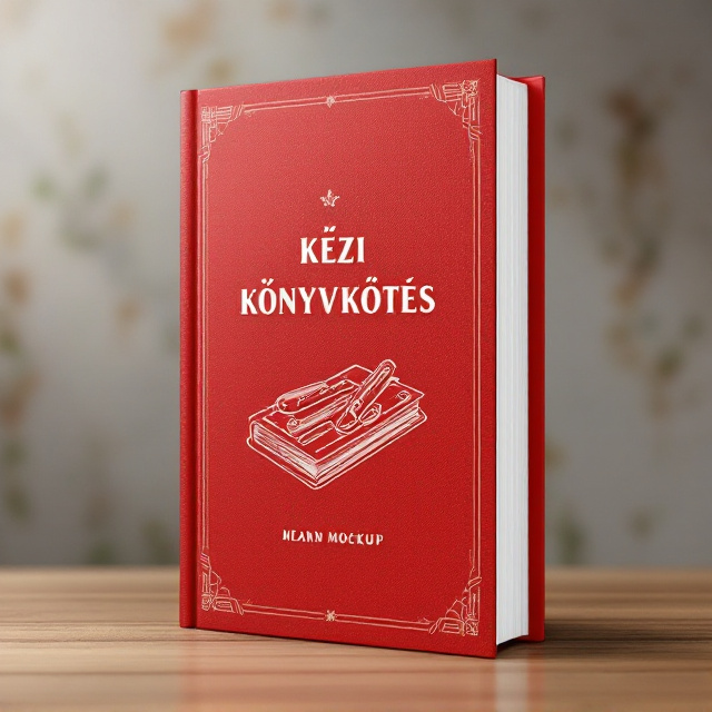 The cover features a clean minimalist design. A detailed hand-drawn outline of a vintage bookbinding tool is prominently displayed in the center, drawn with crisp white lines on a textured red background. A subtle faint pattern of aligned books runs diagonally in the background for depth and context. Borders are created with thin white dividing lines, giving a structured and organized appearance.