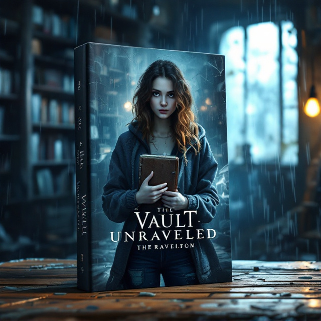 A dark and moody scene of a dilapidated library at night. Dark blue and silver dominate the color palette, evoking tension and urgency. Rain streaks are visible on a cracked window in the background, while dramatic light from a flickering overhead lightbulb creates sharp shadows on peeling walls and overturned bookshelves. In the center, a teenage girl with slightly messy, chestnut wavy hair, wearing a frayed hoodie and patched jeans, is standing illuminated by the light. She clutches a worn leather notebook to her chest, her expression wary yet determined. In the shadows behind her, a blurry and ominous figure looms. The worn notebook is prominently detailed, its age and texture contrasting starkly with the chaos surrounding it.