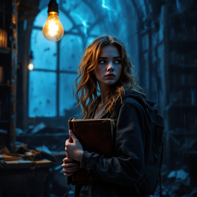 A nighttime setting in a dilapidated library rendered in gritty realism. Dark blue and silver tones dominate the background, creating an eerie and foreboding atmosphere. The teenage girl is placed at the center, sharply lit by a flickering, golden, broken lightbulb above her. Her chestnut, wavy hair reflects the soft glow, framing her wary, determined face as she glances over her shoulder toward the shadows. The worn leather notebook is prominently clutched to her chest, with subtle detail emphasizing its age and importance (frayed edges, faded embossing). The shadowy, indistinct shape of a menacing figure lurks toward the right edge, barely visible. Behind her, through a rain-splattered, cracked window, faint lightning streaks illuminate the chaos of overturned bookshelves and peeling walls. The floor is scattered with torn pages and debris, heightening the tension with its disorder.